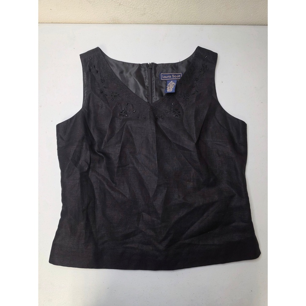 Laura Scott Black Linen Blend Beaded V Neck Sleeveless Tank Top Size 12